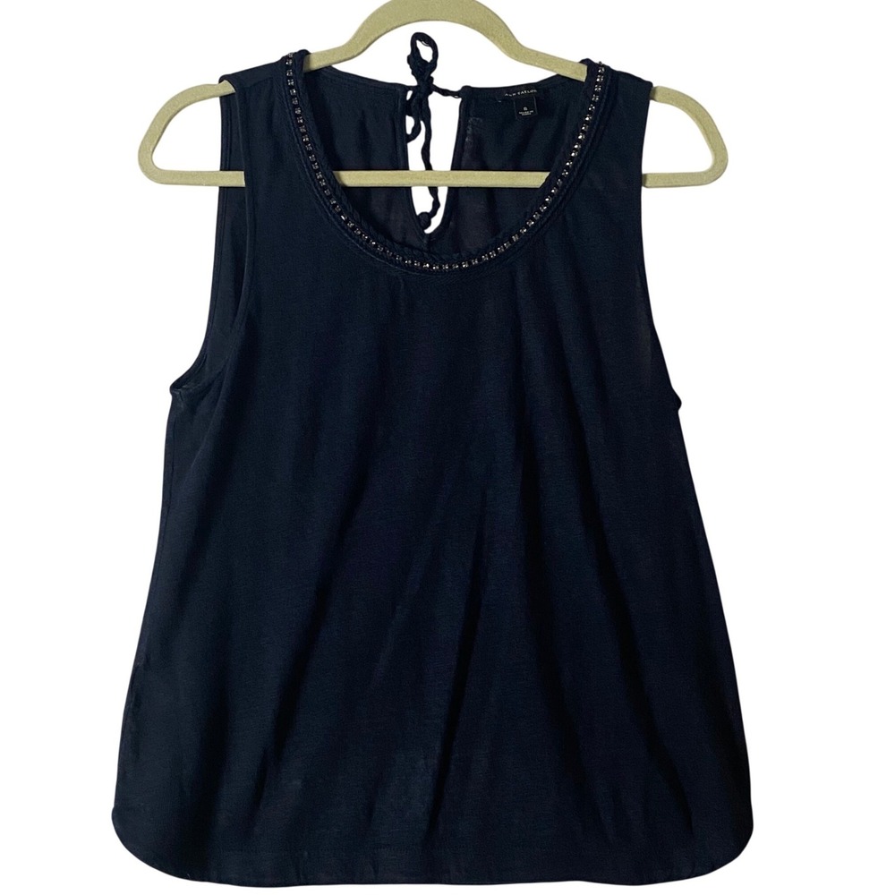 Ann Taylor Women Small Blue Linen Rhinestone Accent Sleeveless Blouse‎ Braided